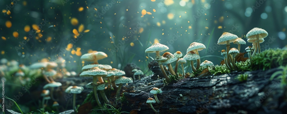 Aufkleber small white mushrooms sprout on a fallen log as sunlight filters through the trees and leaves scatte