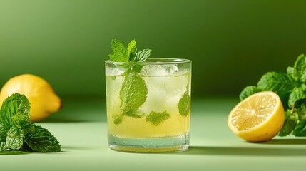 Fototapeta premium Refreshing Mint Lemonade Drink, Green Background. Summer Beverage