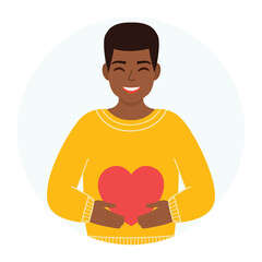 Dark skinned man in love holding a heart. Vector illustration