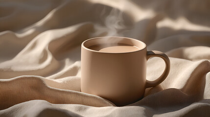 A steaming mug of warm beverage rests on a soft, beige fabric, bathed in sunlight.  A moment of peaceful warmth.