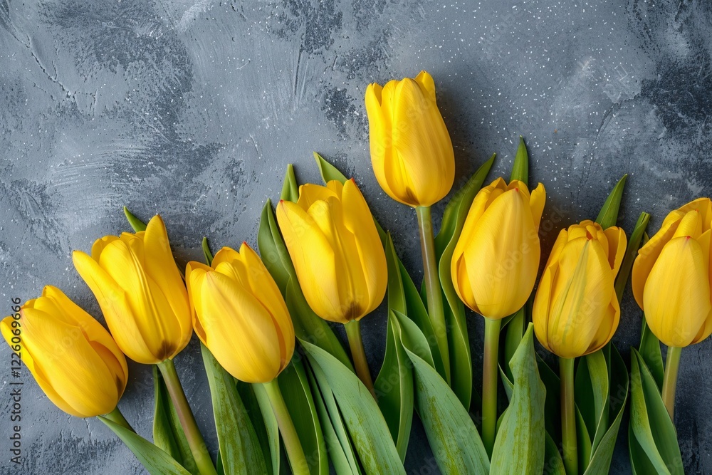 Poster yellow tulips forming a border on a dark grey background with copy space