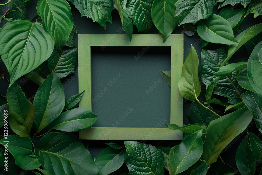 Poster Empty blackboard surrounded by green leaves on a green background with space for text