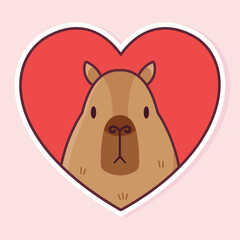 Cute capybara and a heart. Vector sticker