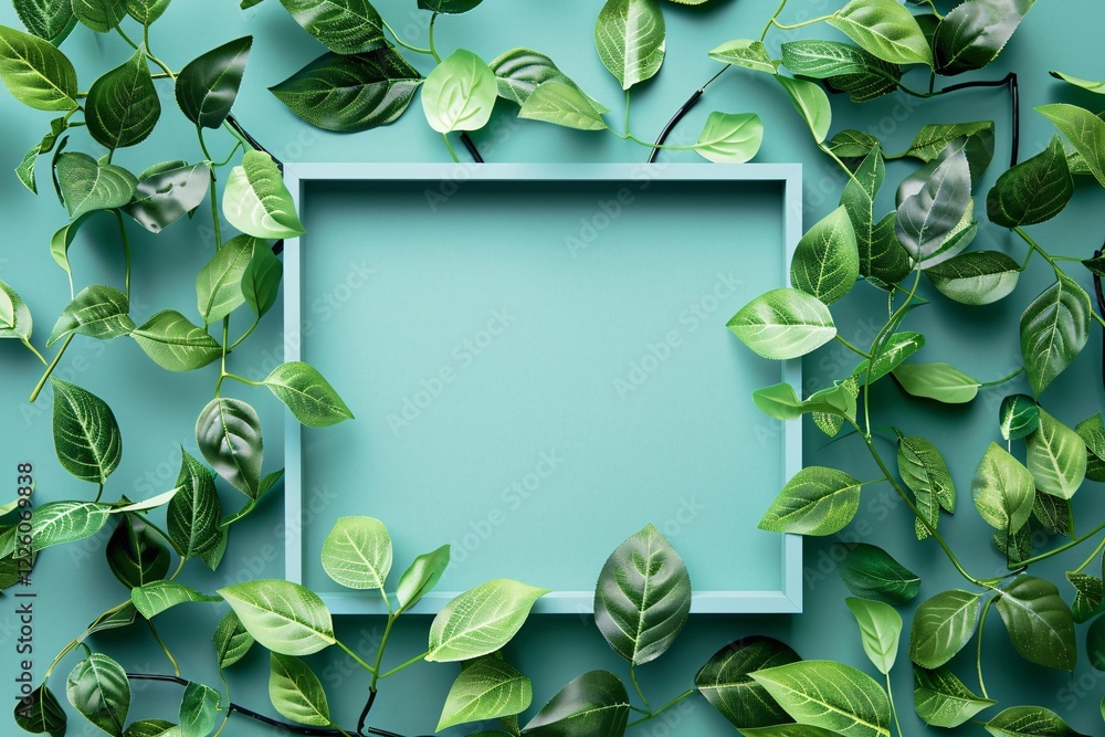 Aufkleber Nature concept with minimal green leaves framing an empty frame on a soft green background