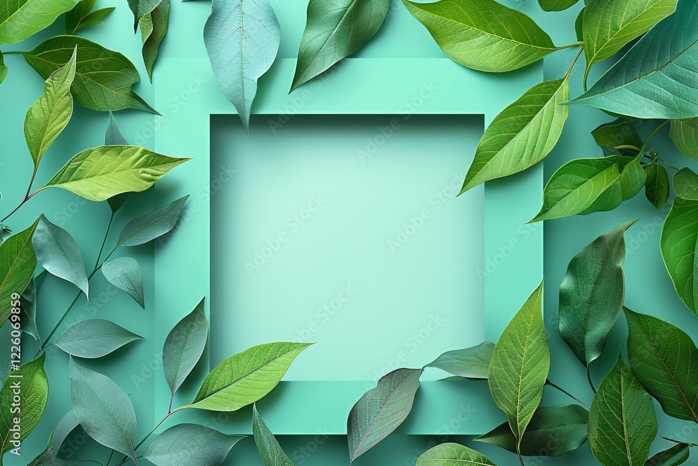 Aufkleber Green leaves are creating a frame with copy space on a turquoise background