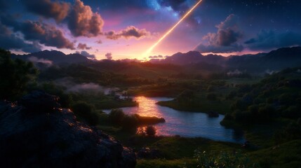 Fototapeta premium Celestial River: A Serene Sunset Landscape with a Shooting Star