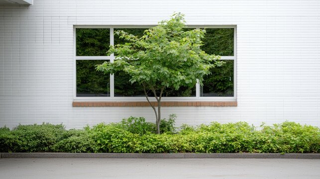 Small green tree stands in front of a large window on a white tiled building wall during daytime.