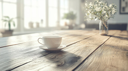 A serene morning scene featuring a white cup of coffee on a rustic wooden table with natural light