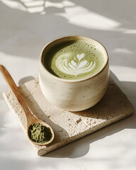 A creamy matcha latte art in a speckled mug, complemented by a spoonful of matcha powder.