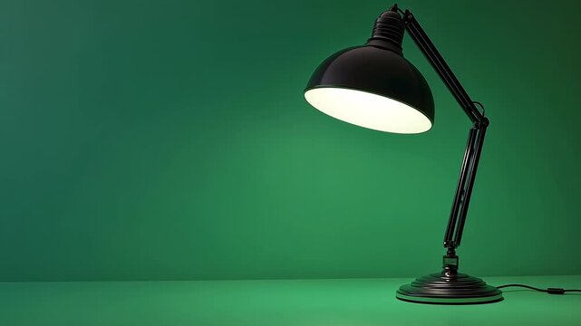 Tracking a black swing arm desk lamp sitting on a desk against a chroma key green screen.