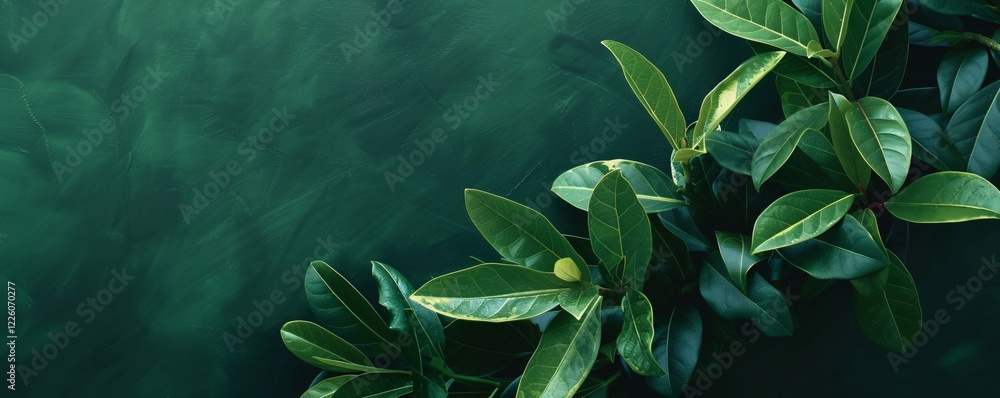 Aufkleber green leaves are bordering a rustic green background with copy space