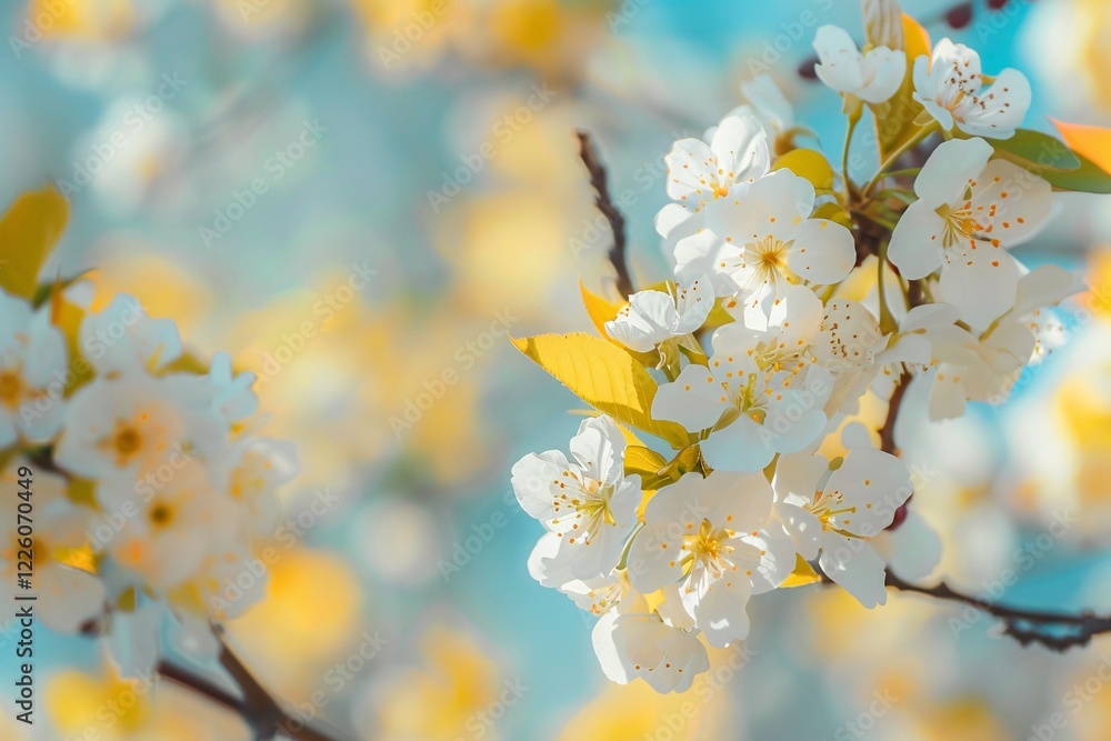 Sticker Springtime blossoms of white cherry tree against a clear blue sky