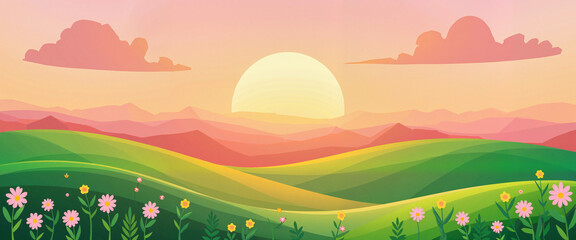 Obraz premium Serene sunset over rolling hills with wildflowers, peaceful landscape