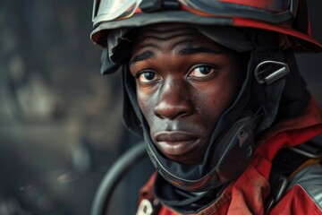Portrait of a young African American male firefighter in station
