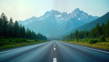 Naklejka premium Empty asphalt highway stretches through green forest towards mountain range under clear blue sky. Natural landscape scenery evokes sense of adventure, travel. Inspiring photo of road trip. Scenic