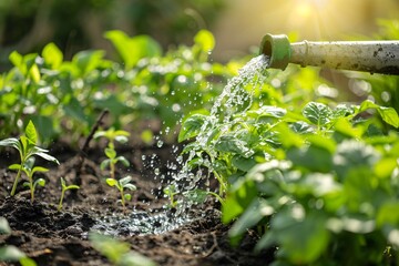Hose watering young plants in a vegetable garden