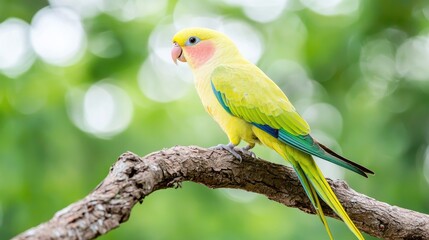 Fototapeta premium Yellow-sided Parrot perched on branch, green bokeh background, nature wildlife, pet bird