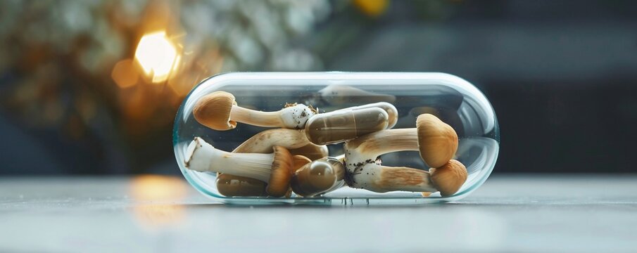 Psilocybin mushrooms and microdose capsule are laying in glass container on table