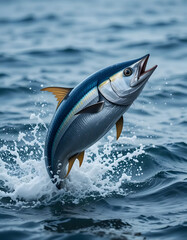 Fototapeta premium A yellowfin tuna leaps out of the water with its mouth wide open. This dynamic action shot captures the power and speed of this popular game fish. Perfect for fishing, marine biology, and wildlife-the