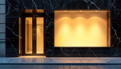 Illuminated storefront at night features blank display window. Modern architecture with black marble facade, illuminated empty window space. Stylish retail design in urban setting. Elegant building