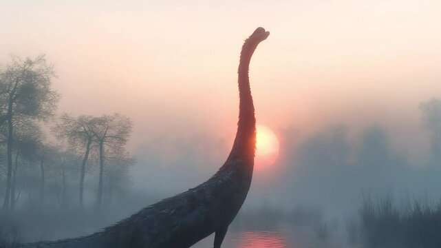 Prehistoric lake sunrise, misty swamp, plesiosaur silhouette