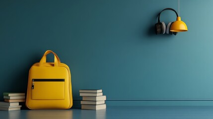 A yellow backpack paired with school supplies such as books, a notepad, and a headset, placed on a blue background, conveys preparedness and organization