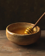 Golden honey in a rustic bowl, a wooden honey dipper rests inside, ready for a sweet treat.