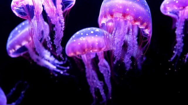 Purple jellyfish swim dark aquarium