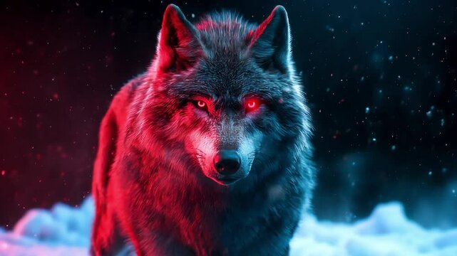 Red-eyed wolf, snowy night, glowing fur, winter scene, fantasy art