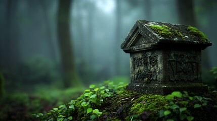 Ancient Stone Structure in a Misty Forest