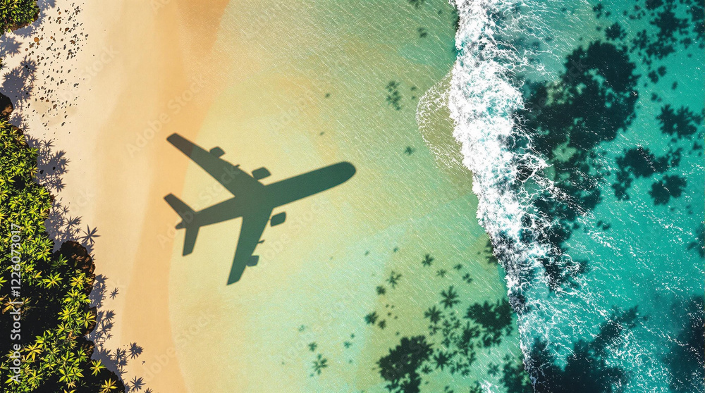 Aufkleber beach scene with clear turquoise water and airplane shadow over sandy shore, waves crashing and crea