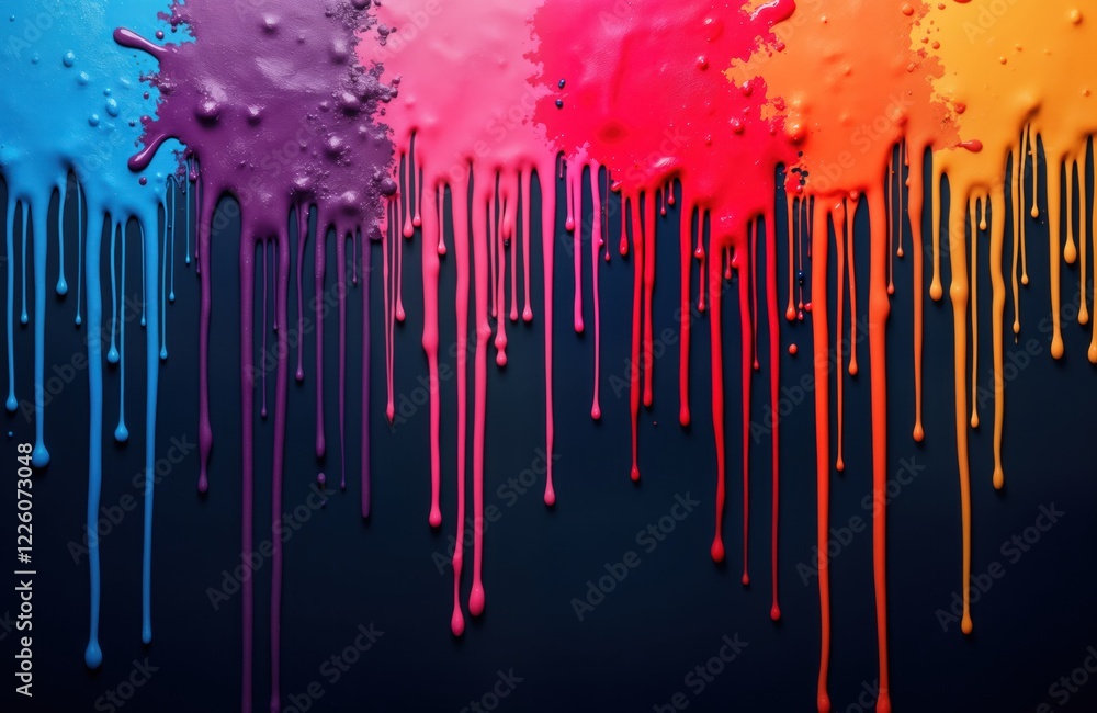 Poster Colorful paint drips cascade down dark background creating dynamic abstract design. Vibrant colours like blue purple orange, red flow, drip. Fluid paint pattern dynamic, visually appealing. Abstract