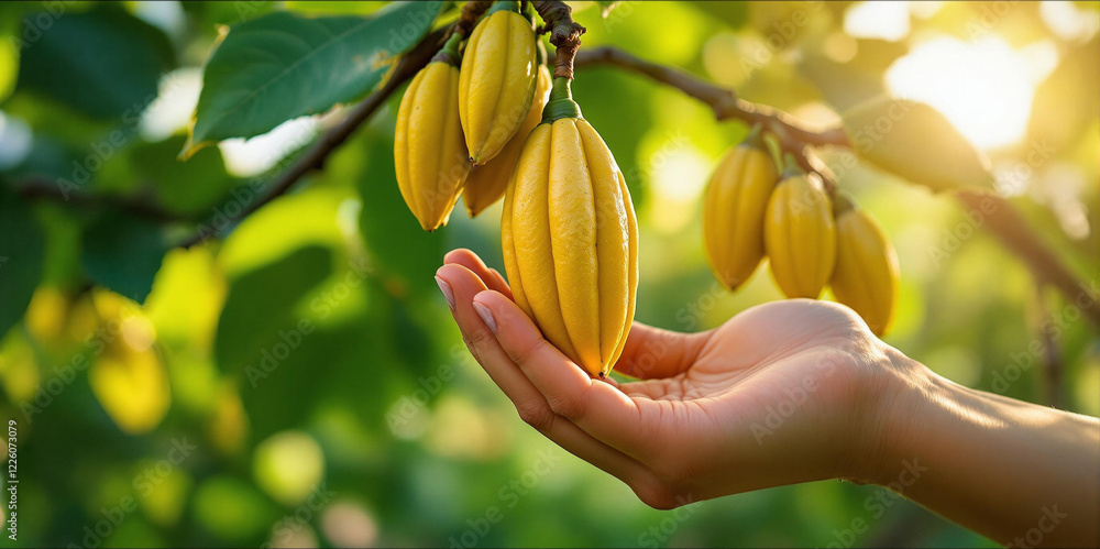 Poster a hand holding a cluster of starfruit (carambola) hanging from a tree branch in a garden setting. th