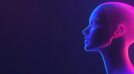 Fototapeta premium A glowing, neon-colored mannequin head in profile, set against a dark background, exuding a futuristic and artistic vibe.