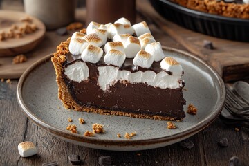 Delicious chocolate pie slice with toasted marshmallows on a rustic wooden table, inviting and warm atmosphere