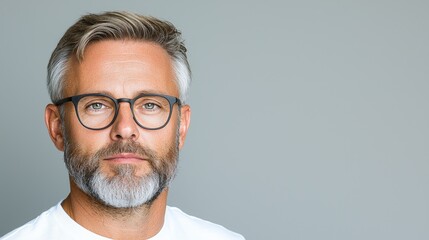Fototapeta premium Mature man, serious expression, glasses, grey background, studio portrait, website profile