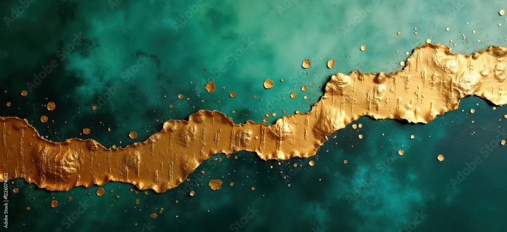 Poster abstract artwork features emerald green background with textured surface. striking gold leaf accents