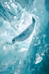 Fototapeta premium Harp Seal's Icy Ballet: Surreal Elegance on Pristine Glacial Stage