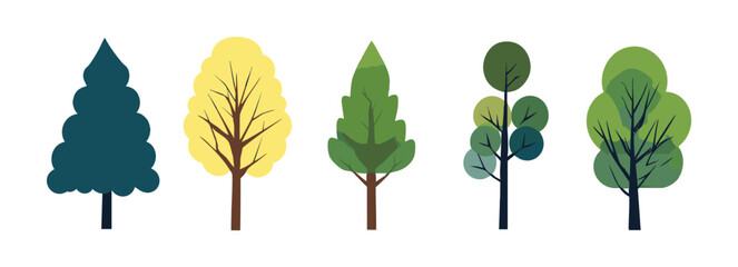 Set of tree and leaf collection hand drawn flat design vector element. botanical set of bare trees and ones with leaves and lush green