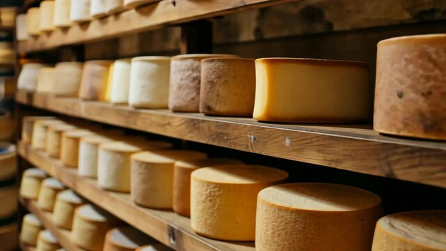 Various aged cheeses on wooden shelves in a cheese aging room. Artisanal cheese production, dairy industry, and gastronomy concept. Design for food blogs, culinary articles, and gourmet backgrounds.