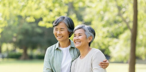Obraz premium Two women are smiling and standing in a park