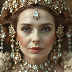 Fototapeta premium Una reina majestuosa en un estilo barroco, que brilla con una gran cantidad de joyas deslumbrantes.