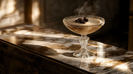A steaming coffee-flavored cocktail garnished with coffee beans sits on a marble surface, bathed in warm sunlight.