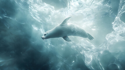 Obraz premium Harp Seal's Icy Ballet: Surreal Elegance on Pristine Glacial Stage