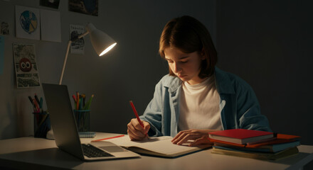 Girl is writing in a notebook