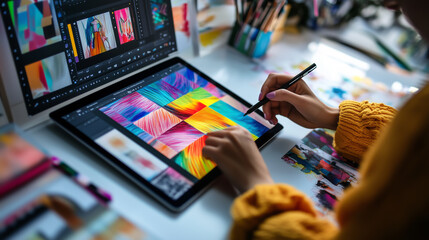 Photo of a designer creating an abstract art piece on a digital tablet, showcasing vibrant and colorful digital artwork with geometric patterns and creative design elements.
