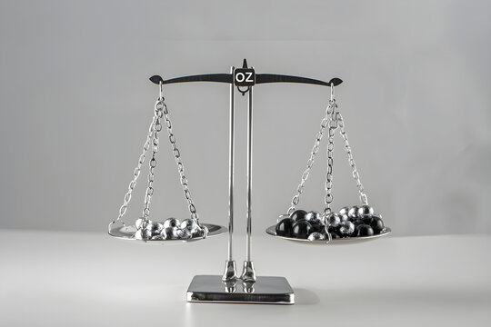 Visual Metaphor Depicting the Conversion Process from Ounces (OZ) to Grams (G) through a Balance Scale and Assorted Weights