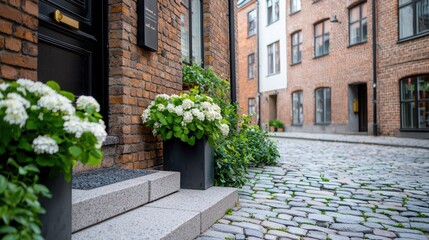 Fototapeta premium Cobblestone street, hydrangeas, brick buildings, summer day, European city