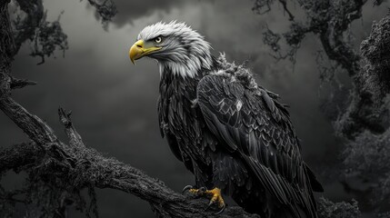 Fototapeta premium A majestic eagle, with its piercing gaze and detailed plumage, perches amid a moody backdrop, evoking themes of strength, freedom, and natural majesty.