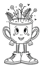 Groovy coffee cup character, whimsical pot with plants, black line vector doodle, trendy playful cartoon of a little man in big shoes, editable stroke illustration